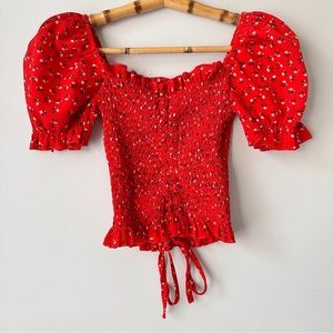 Convertible Puff Sleeve Top in Red Floral Print
